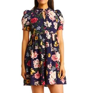 Vince Camuto Floral Navy‎ Puff Sleeve Mini Dress Size 6